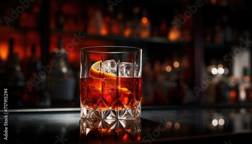 Photo realistic highly detailed Negroni cocktail standing on bar counter table against dark bar background