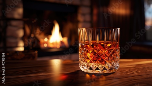 Photo realistic highly detailed glass of whiskey standing on clear wooden table against fireplace at home photo