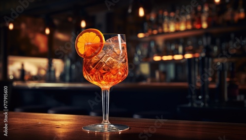 Photo realistic highly detailed glass of aperol spritz standing on clear wooden bar counter table against night bar