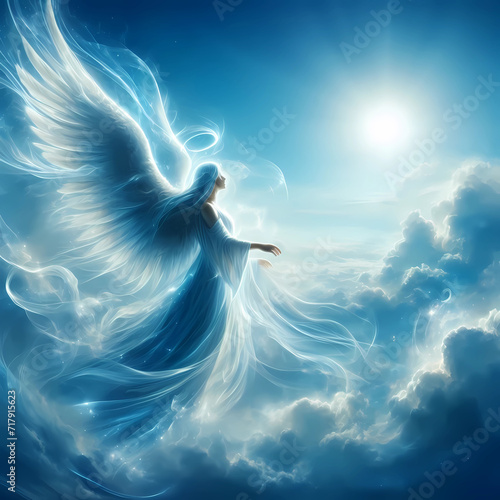 Angel in the form of a woman in the blue sky above the clouds