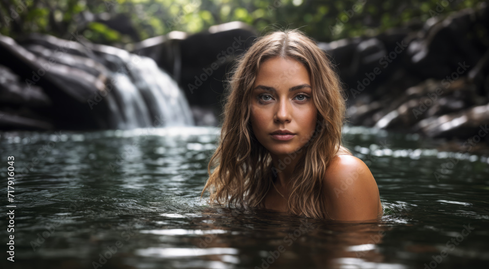 Fototapeta premium Beautiful girl bathing in the lake. AI
