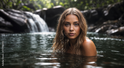 Beautiful girl bathing in the lake. AI