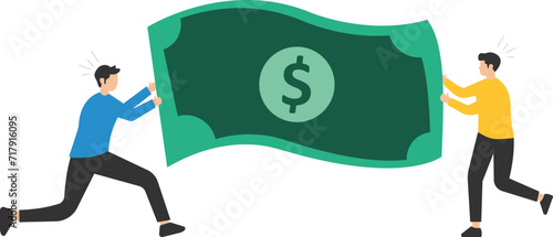 Fight for money, government asking for tax payment, company revenue market share, financial problem, pay off debt or bills concept, big hand pulling money banknote tug of war with small businessman.

