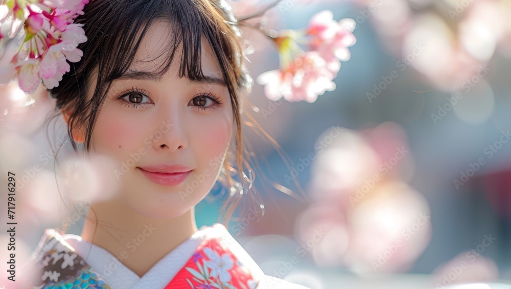 A young woman wearing a kimono and standing among spring flowers. The background has cherry blossoms with a blurred feel. A young woman wearing a kimono and standing among spring flowers. The background has cherry blossoms with a blurred feel.