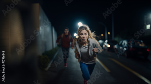 Woman running scared for her life photo