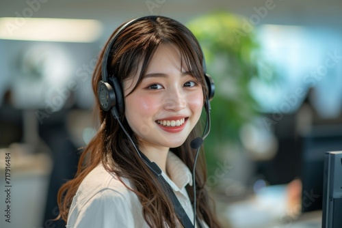 a young professional woman smiles and speaks with a headset and standing in front of a desk.