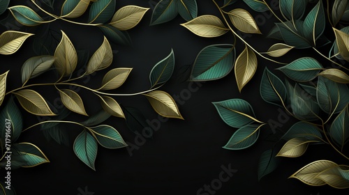 A black background contrasted with green and gold leaves