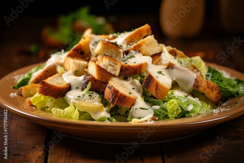 Delicious chicken Caesar salad with grilled chicken, creamy dressing, and crunchy croutons. Generative AI