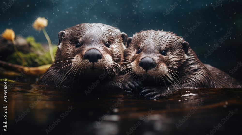 two otter in the river holding hands two otter in the river holding hands