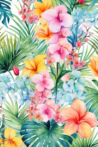 Tropical flowers pattern with leaves