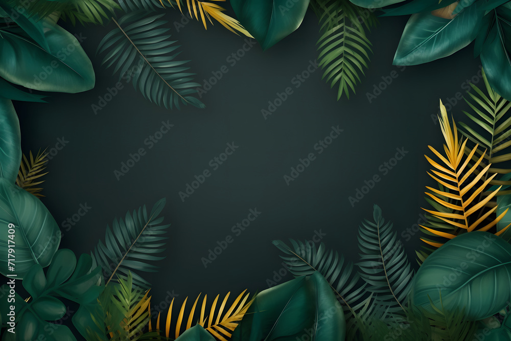 A collection of tropical leaves forms a frame against a dark green background, creating a foliage plant background with space for copy. A collection of tropical leaves forms a frame against a dark green background, creating a foliage plant background with space for copy.