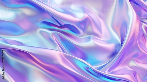 The use of holographic iridescent surface and wrinkled vaporwave background is a contemporary design texture.