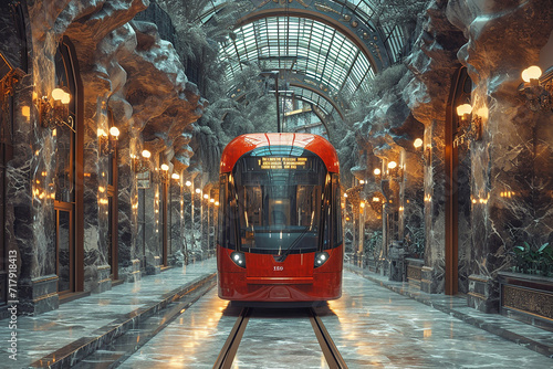 An Istanbul downtown a street car of a tram going down a street with some people riding the train