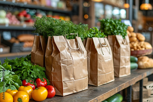 paper bags with product from market , eco problems, paper craft bags stand on a table