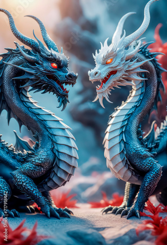 Dragons Yin and Yang, warriors of opposites. Two fantastic Chinese dragons. Year of the Dragon according to the eastern horoscope