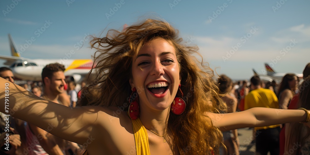 Joyful young woman celebrating at an outdoor summer festival, hands raised, airplane in the background. AI