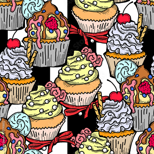 Tasty sweet cupcake dessert decorative seamless pattern for textile design  fabric print  digital or wrapping paper  wallpaper  background and backdrop  bakery shop decoration  cafe  restaurant menu.
