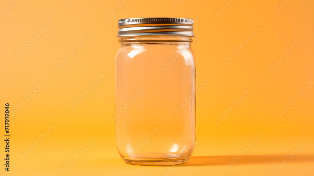 Empty glass mason jar on a yellow background. Minimal style. Copy space. Empty glass mason jar on a yellow background. Minimal style. Copy space.
