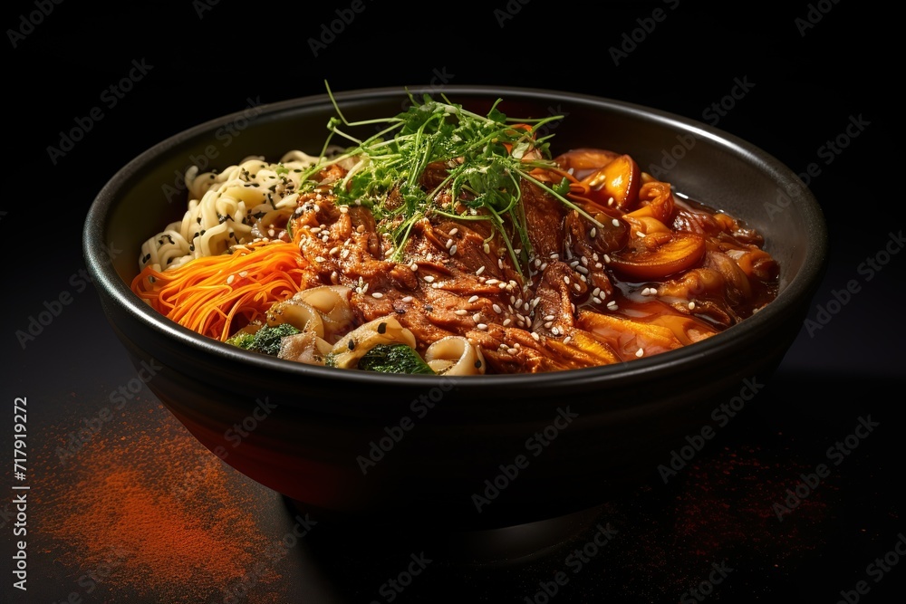 a black bowl with meat, vegetables, and noodles on a table, a black bowl with meat, vegetables, and noodles on a table a black bowl with meat, vegetables, and noodles on a table, a black bowl with meat, vegetables, and noodles on a table