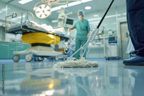 Close up cleaning staff cleans the floor of an operating room with a mop at modern hospital. photo