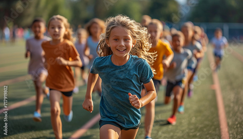 Group of children running on track at the stadium or arena. Little fit boys and girls in sportswear training as athletes outdoor. Concept of sport, fitness, achievements, studying, goals, skills photo