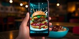 Hand holding smartphone displaying juicy burger. modern food photography. ideal for restaurant marketing. lifestyle and tech blend. perfect for social media campaigns. AI
