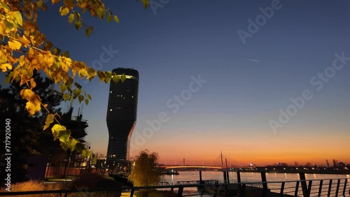 Belgrade waterfront tower and promenade on Sava river, Belgrade, Serbia.	
 photo