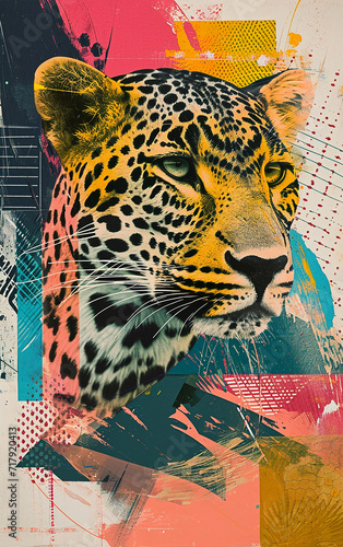 leopardo, Colagem, estilo pop, retratos impressos em risografia em papel photo