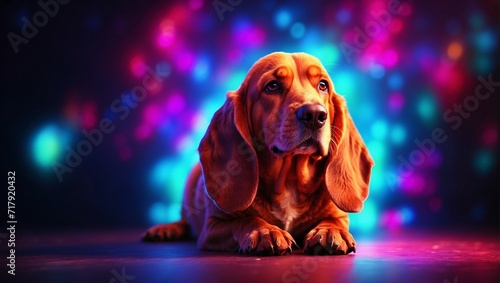 A cool portrait of a dog with bright neon lights in the background. The neon background adds a touch of creativity, enhancing the overall artistic flair of the scene