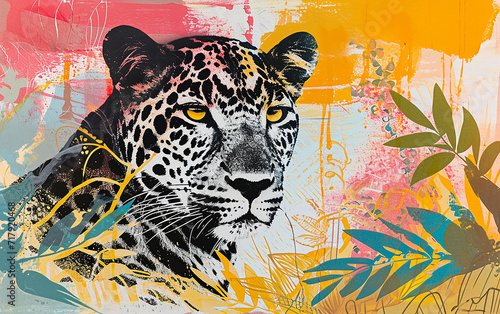 leopardo, Colagem, estilo pop, retratos impressos em risografia em papel photo