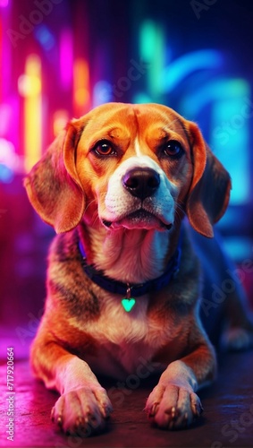 A portrait photo of a Beagle dog with neon lights in the background, crafting an eye-catching and vibrant atmosphere