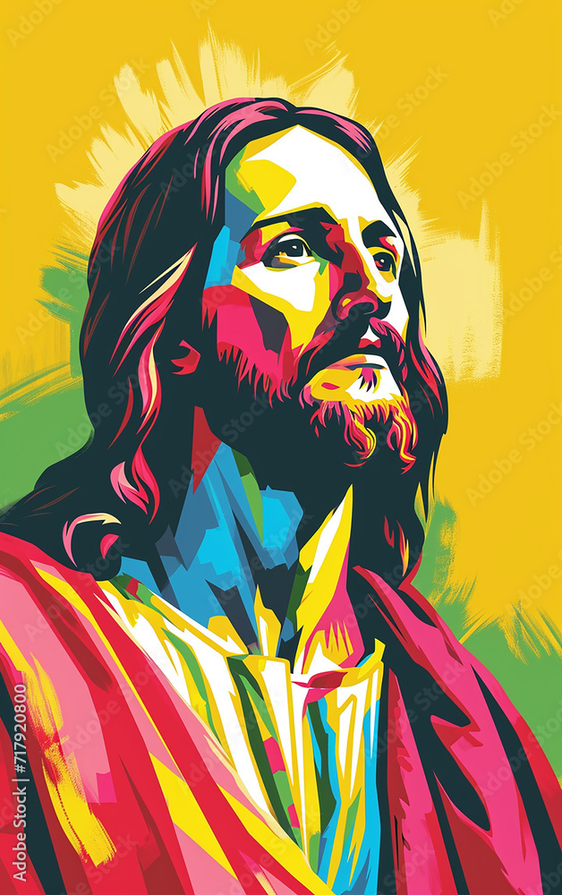 Jesus Cristo design de adesivo, arte, criativo, cores fortes, fundo de cor sólida