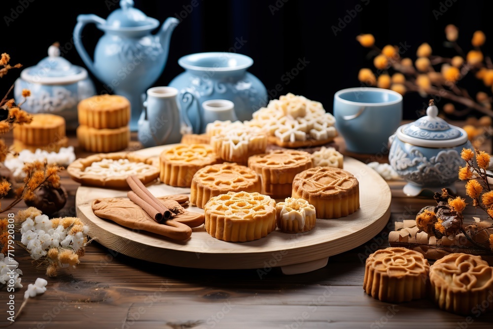 a table with various kinds of pastries on wood