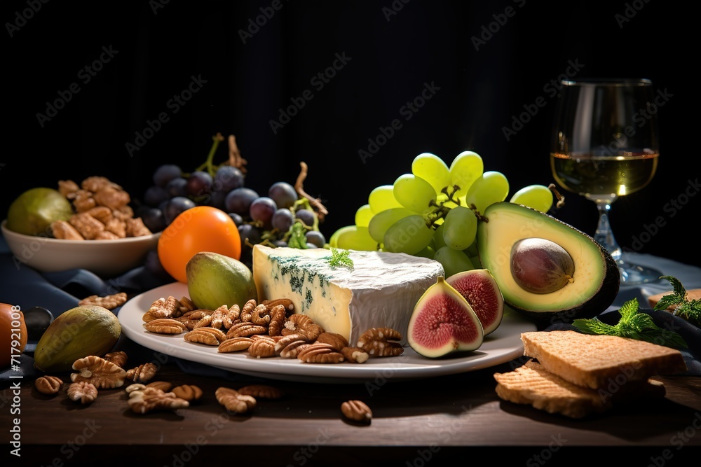 avocados, salmon, cheese, grapes, nuts, and crackers, on a white plate avocados, salmon, cheese, grapes, nuts, and crackers, on a white plate