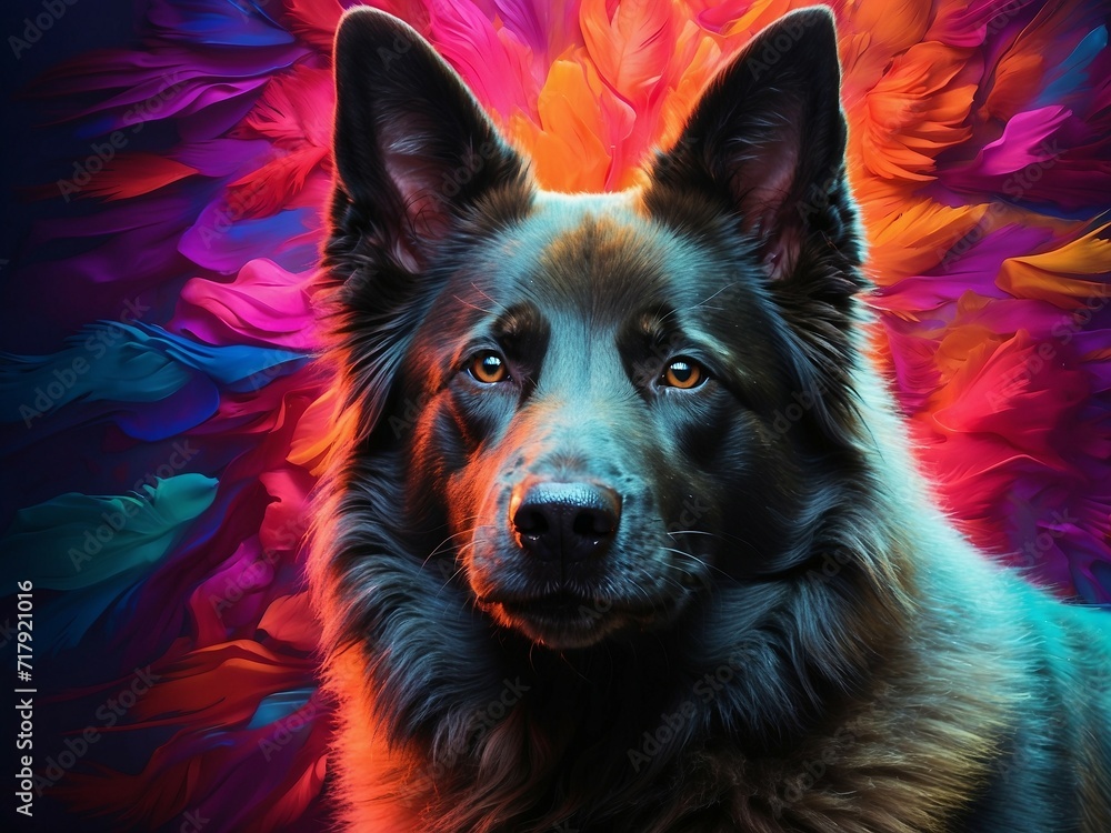 A portrait featuring a Belgian Sheepdog against a vibrant backdrop. The colorful background contributes a distinctive twist to the overall composition A portrait featuring a Belgian Sheepdog against a vibrant backdrop. The colorful background contributes a distinctive twist to the overall composition