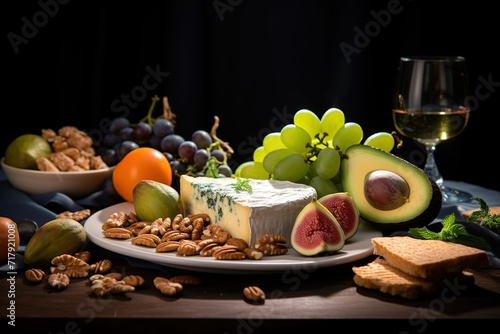 avocados, salmon, cheese, grapes, nuts, and crackers, on a white plate