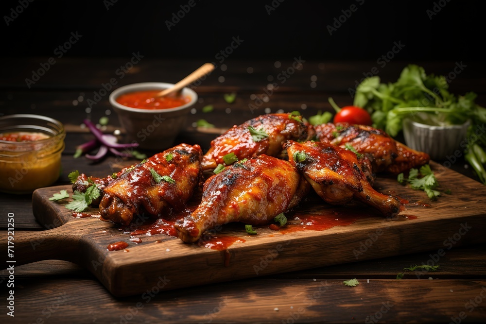 chicken on wooden plank with sauce 
