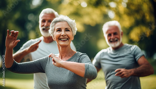 Staying active after retirement. Happy joyful mature retired people wearing sportswear doing side stretching exercises with arm over his head, exercising outside in city park