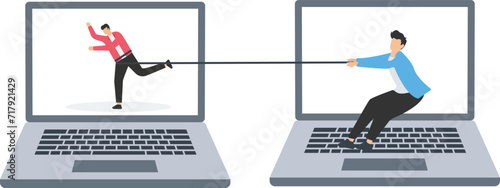 Business difficulty or struggle with career obstacle, limitation and trap or challenge to overcome success concept, Pulling tied businessman run away with full effort.

