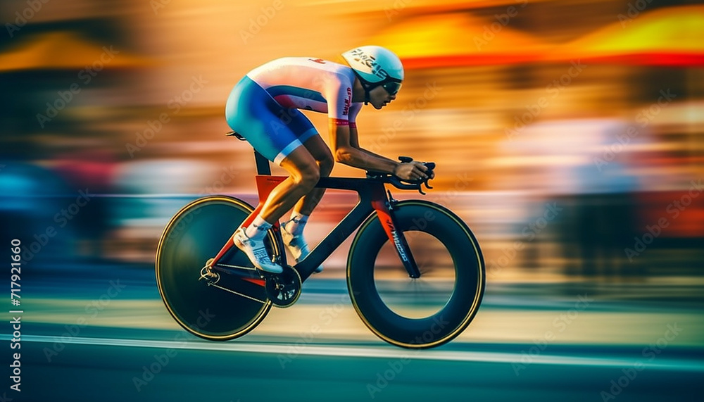 Fototapeta premium Cycling competition, cyclist athletes riding a race at high speed on city road, Sportsmen bikes in the morning,