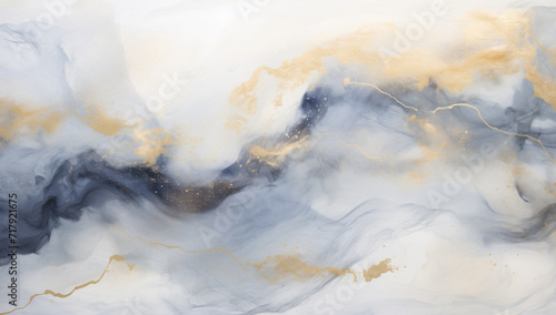 an abstract marble pattern with gold and blue, in the style of light white and gray, soft edges and atmospheric effects,, layered fabrications, meticulous