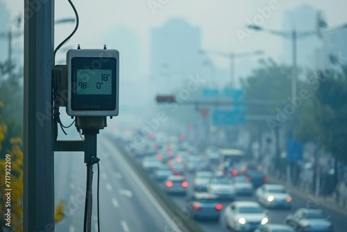 Air quality monitor stationed by a busy urban road enveloped in haze, measuring pollution levels. 