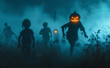 homem com cabeça assustadora de abobora em halloween correndo atras das crianças, dia das bruxas 