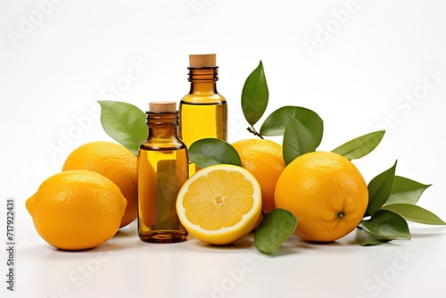 lemons and essential oil on a white background