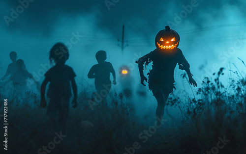 homem com cabeça assustadora de abobora em halloween correndo atras das crianças, dia das bruxas  photo