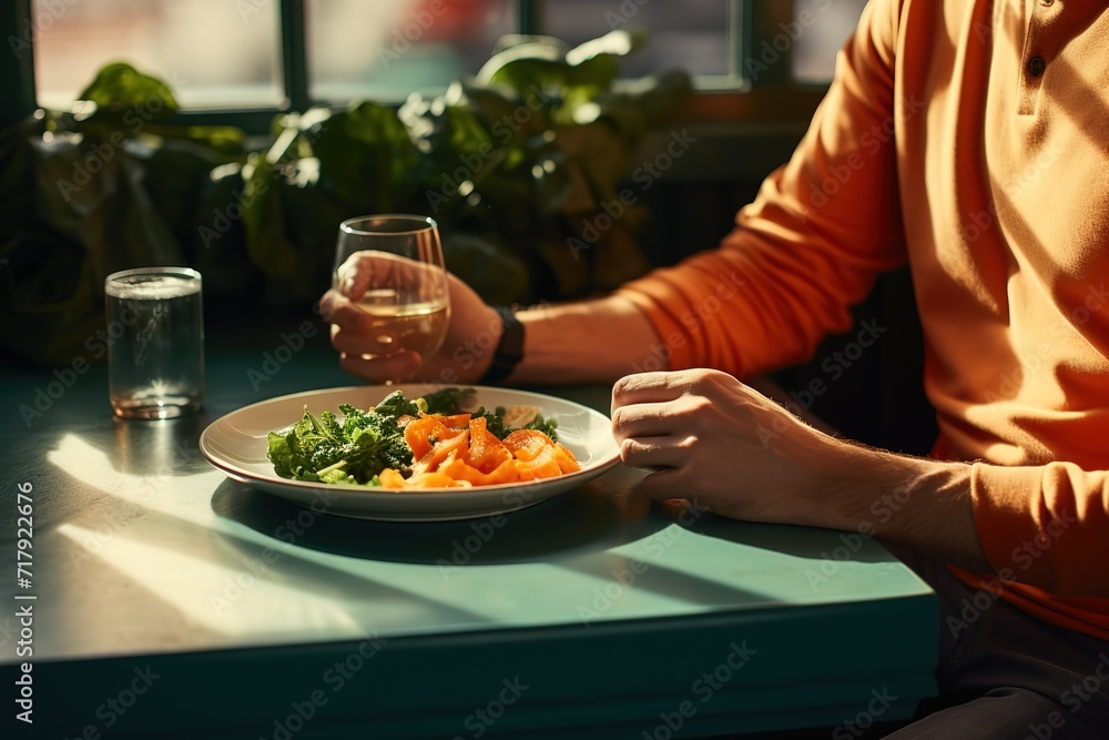 a person eating vegetables at a table at a cafe, a man sitting at his table and eating fish and salad