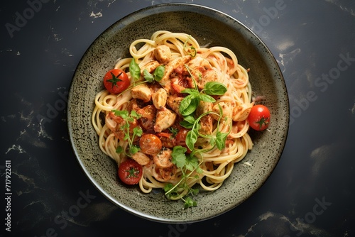 pasta dish with tomatoes and chicken on a grey background