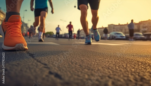 Running shoes - runner legs and running shoe closeup of man jogging outdoors on road.