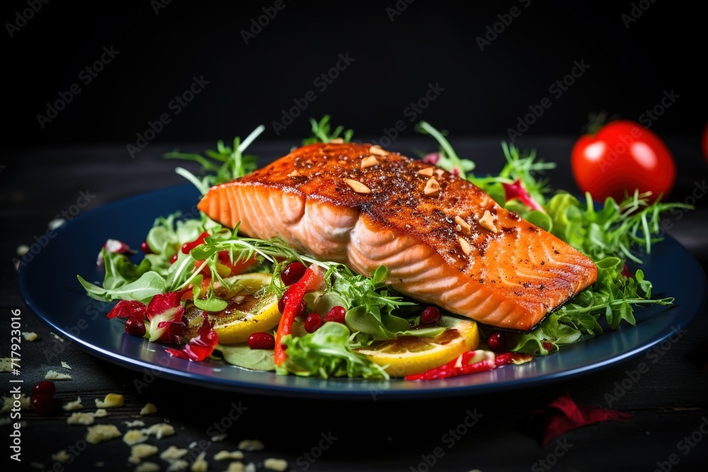 salmon steak on salad green salad vegetable salmon steak on salad green salad vegetable