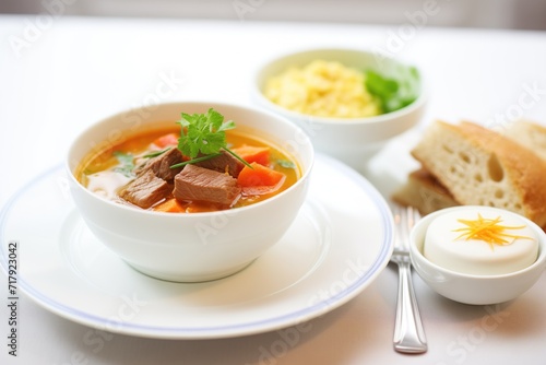 goulash soup served with a side of fresh bread rolls